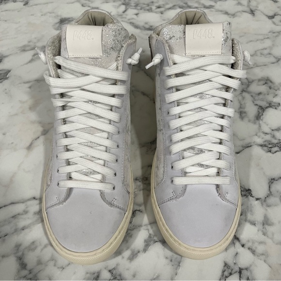 P448 Star High Tops White Leather Metallic Silver Woman’s Size 38 US 7.5/8 - Picture 4 of 13